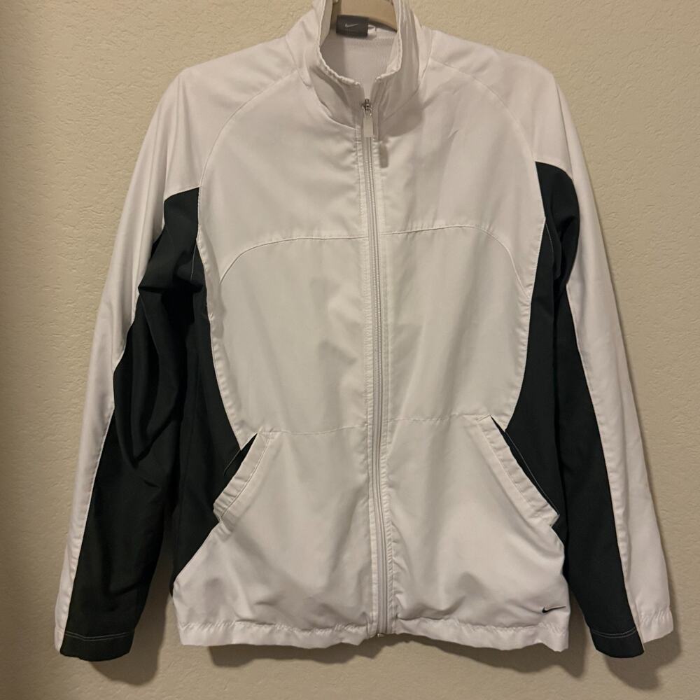 NIKE Womens White & Gray Mesh Lined Windbreaker Full Zip Jacket Gym Workout Sz M